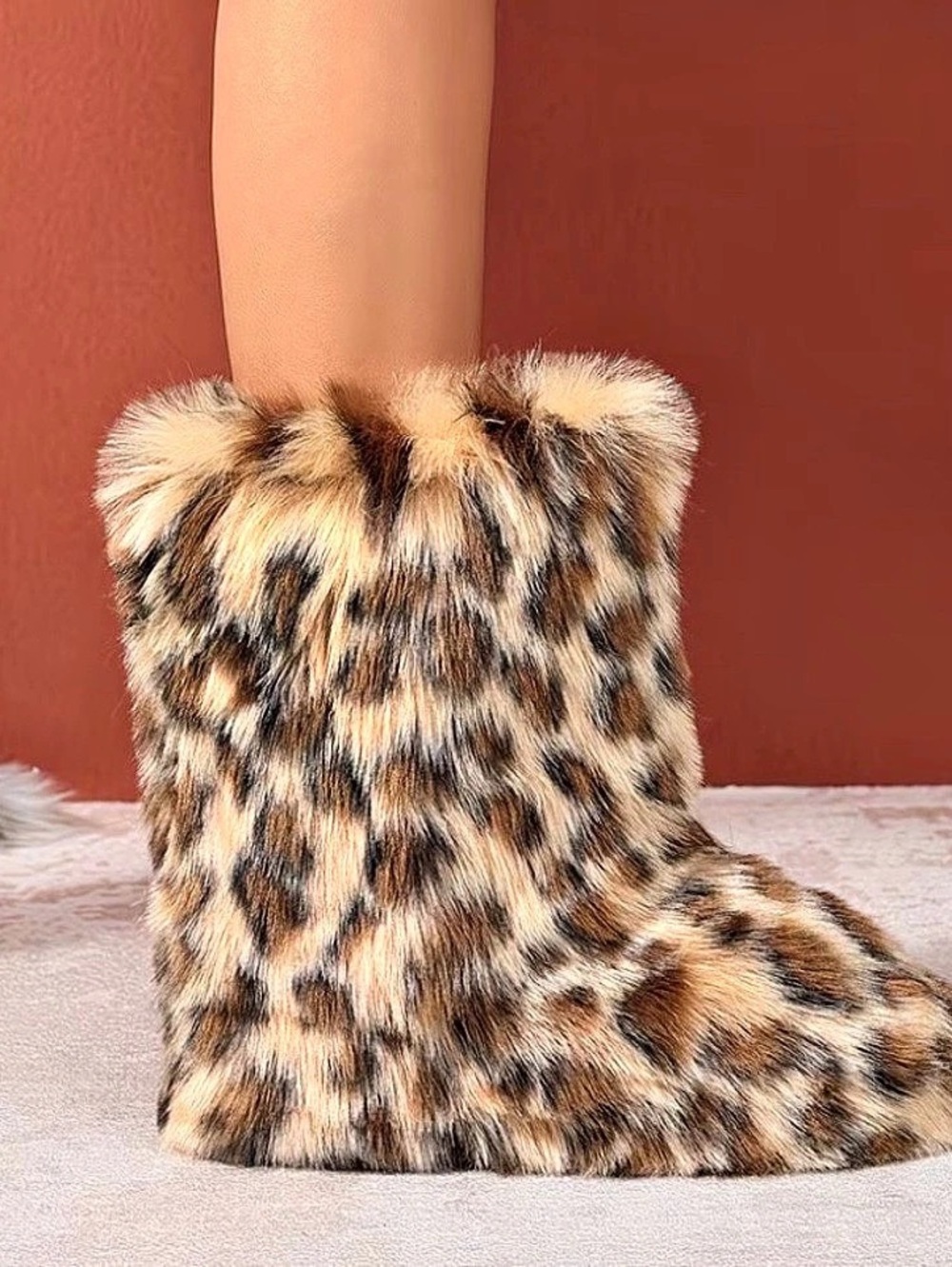 Wovoie Ankle Length Faux Fur Lining Boots in Brown Leopard Print Faux
